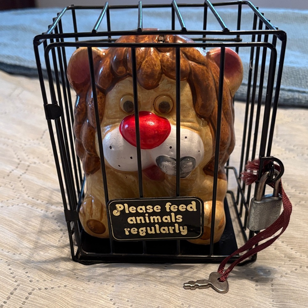 Lion Coin Ceramic Bank with Cage - Brown and Red Vintage